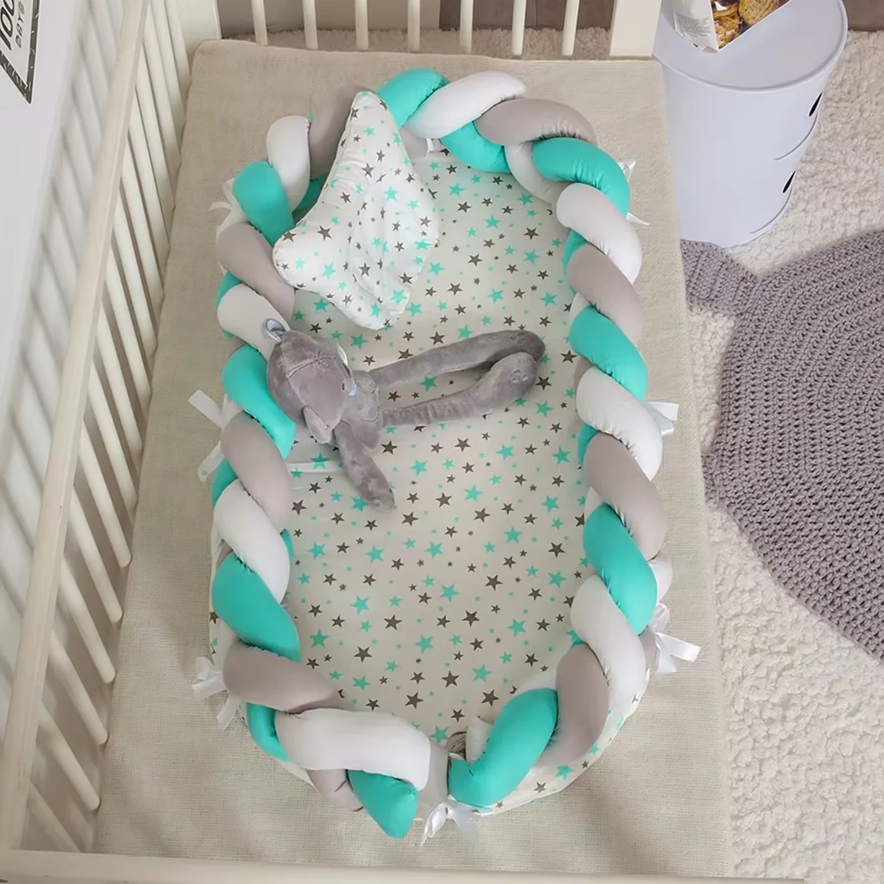 Babynest Grijs-Mint - Gevlochten Babynestje met Matras en Kussen