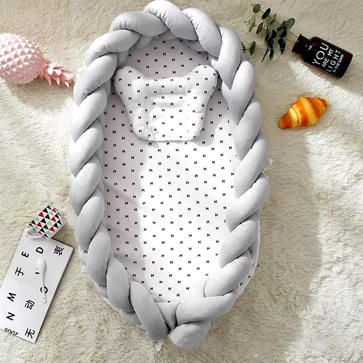 Babynest Grijs - Gevlochten Babynestje met Matras en Kussen