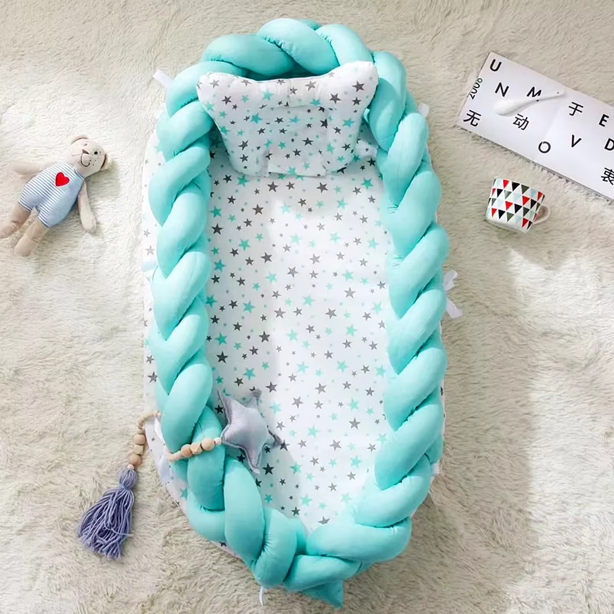 Babynest Turquoise - Gevlochten Babynestje met Matras en Kussen