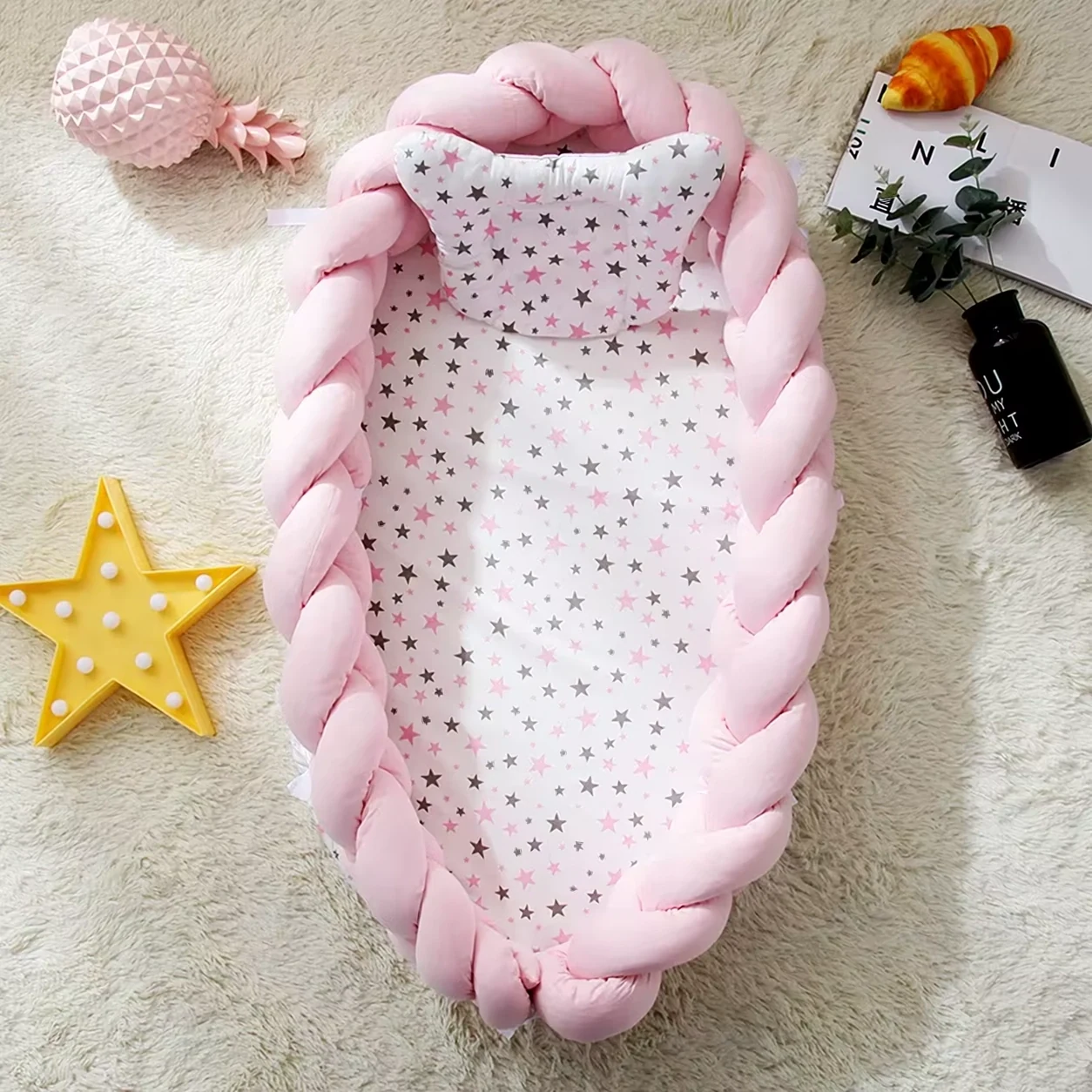 Babynest Roze - Gevlochten Babynestje met Matras en Kussen