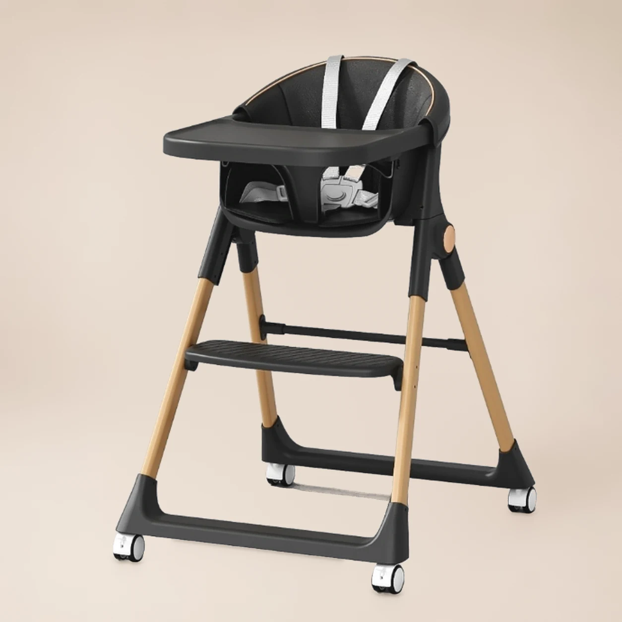Kinderstoel Inklapbaar Hout Beige – Eetstoel met Wielen en Afneembaar Blad 3