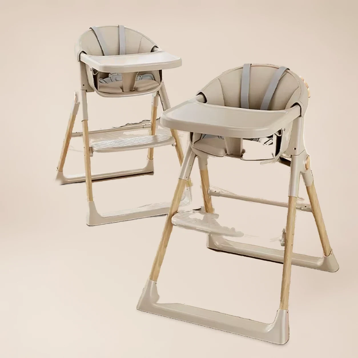 Kinderstoel Inklapbaar Hout Beige – Eetstoel met Wielen en Afneembaar Blad