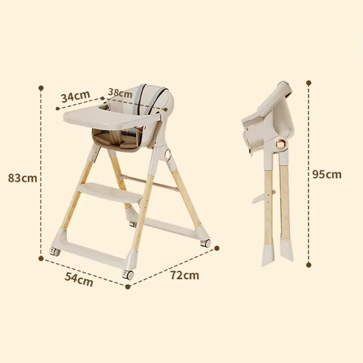 Kinderstoel Inklapbaar Hout Beige – Eetstoel met Wielen en Afneembaar Blad 9