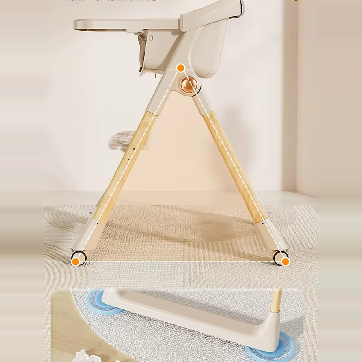 Kinderstoel Inklapbaar Hout Beige – Eetstoel met Wielen en Afneembaar Blad 7