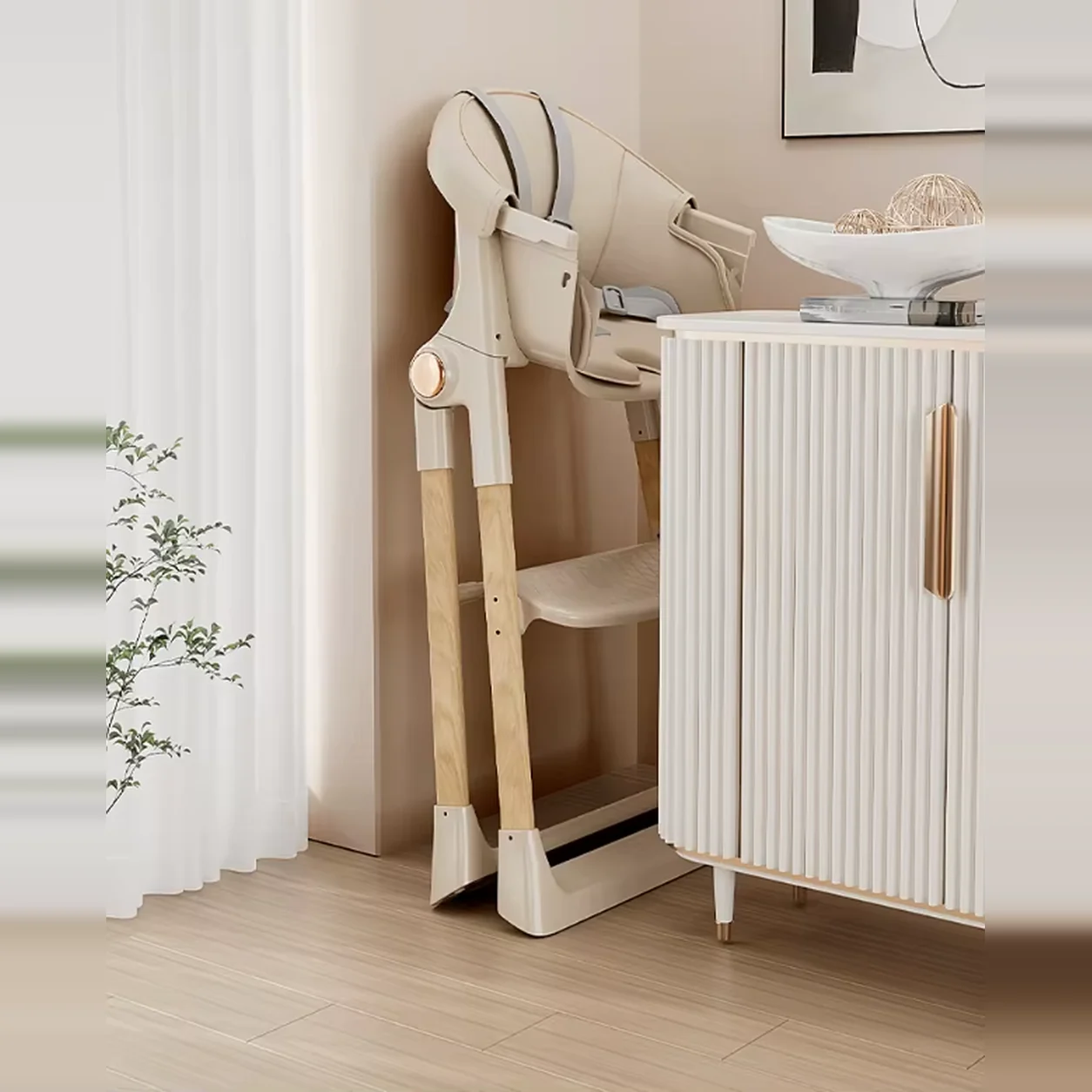 Kinderstoel Inklapbaar Hout Beige – Eetstoel met Wielen en Afneembaar Blad 8