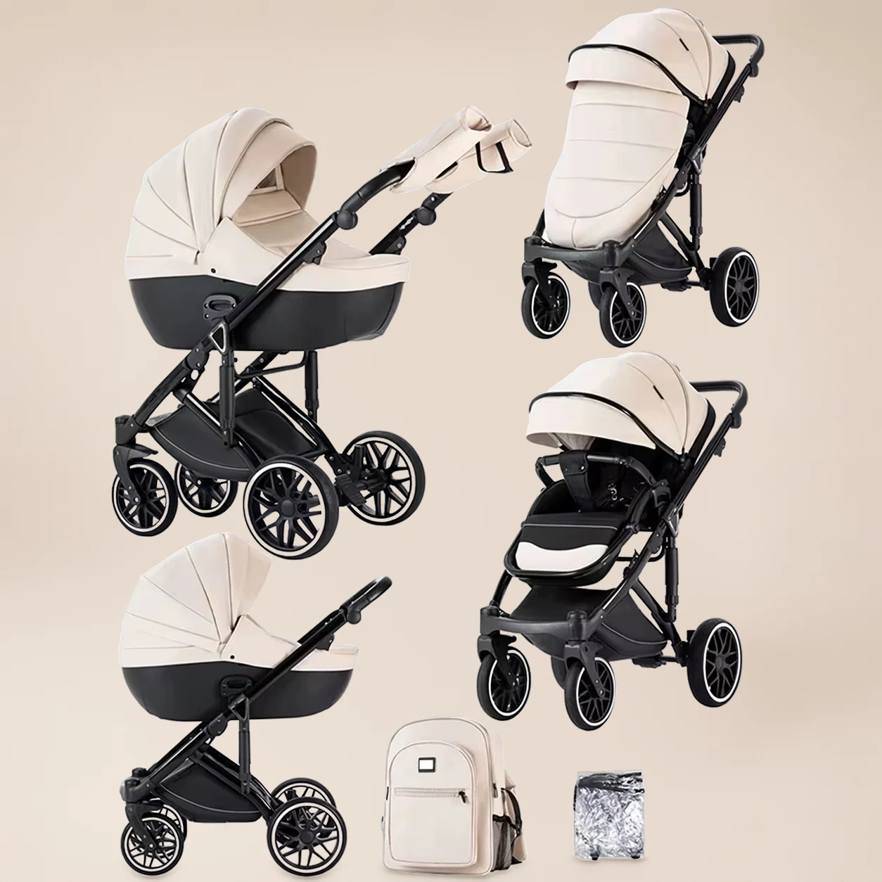 Kinderwagen 3-in-1 Omkeerbaar - Combi Kinderwagen met Autostoel, Reiswieg en Regenhoes