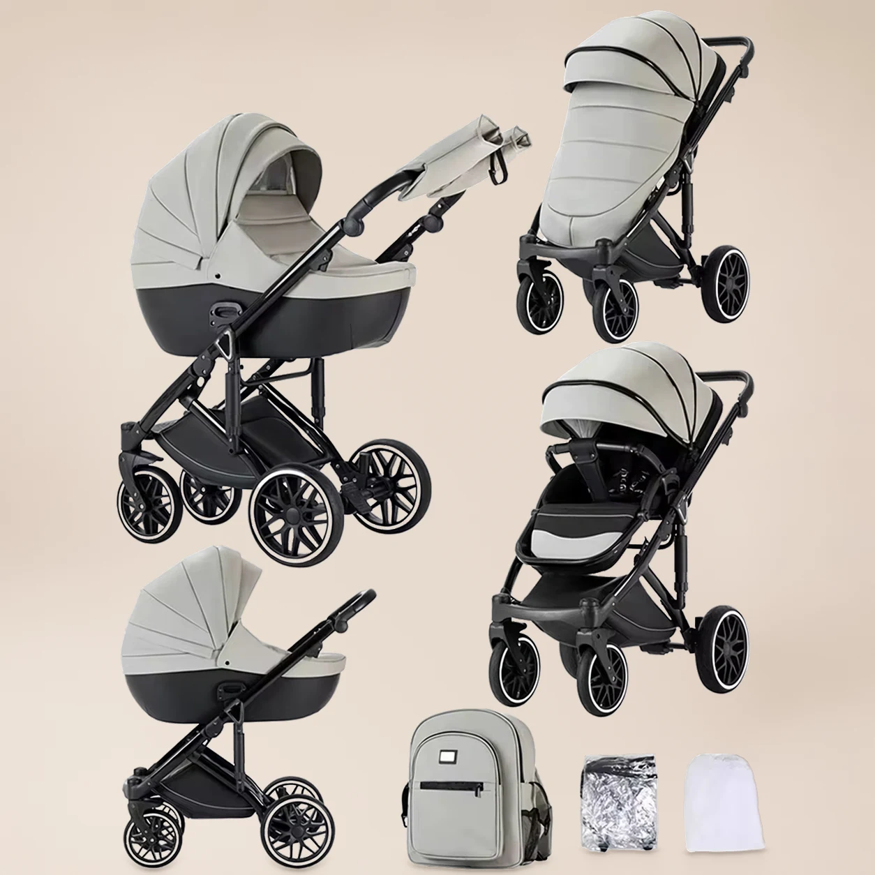 Kinderwagen 3-in-1 Omkeerbaar - Combi Kinderwagen met Autostoel, Reiswieg en Regenhoes 2