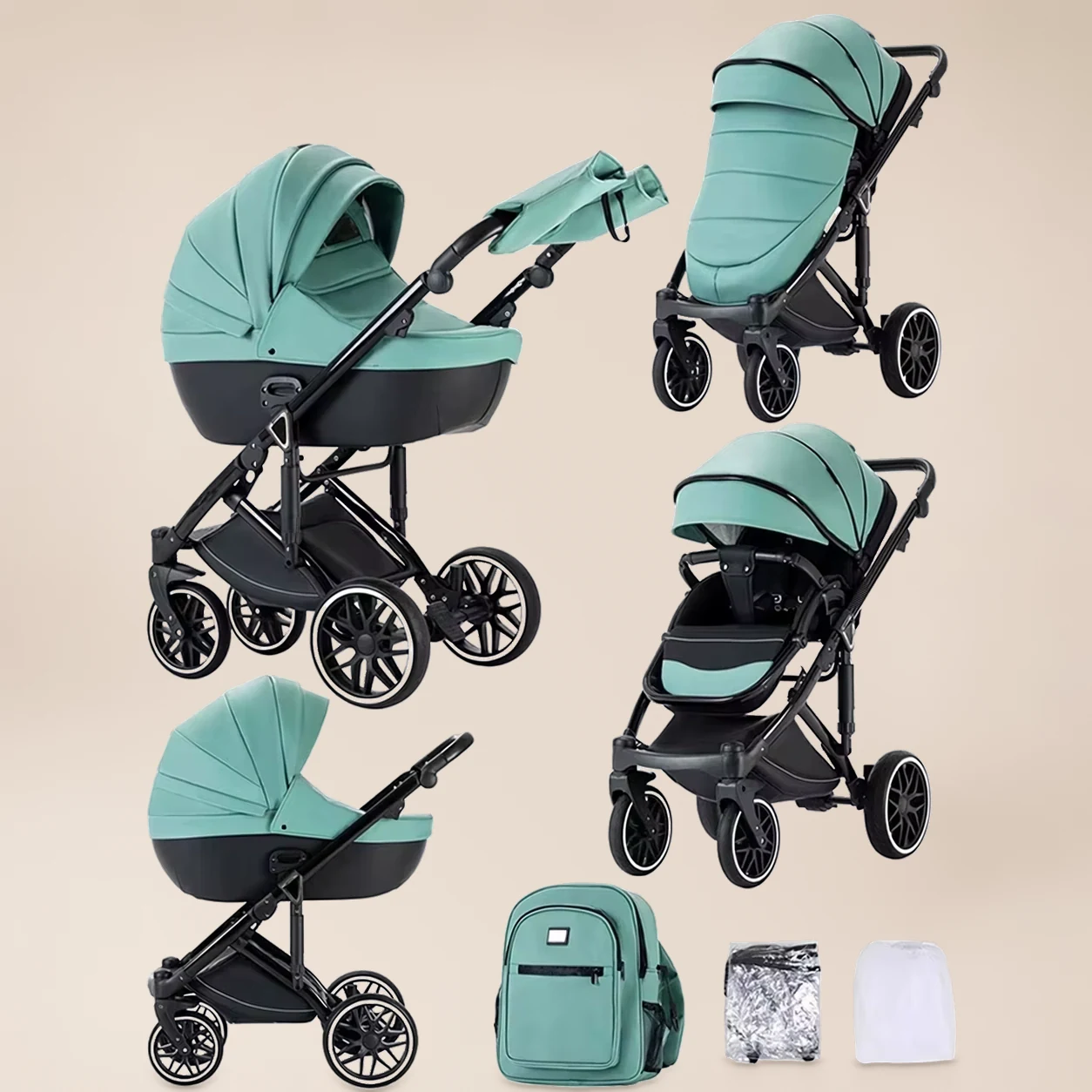 Kinderwagen 3-in-1 Omkeerbaar - Combi Kinderwagen met Autostoel, Reiswieg en Regenhoes 5