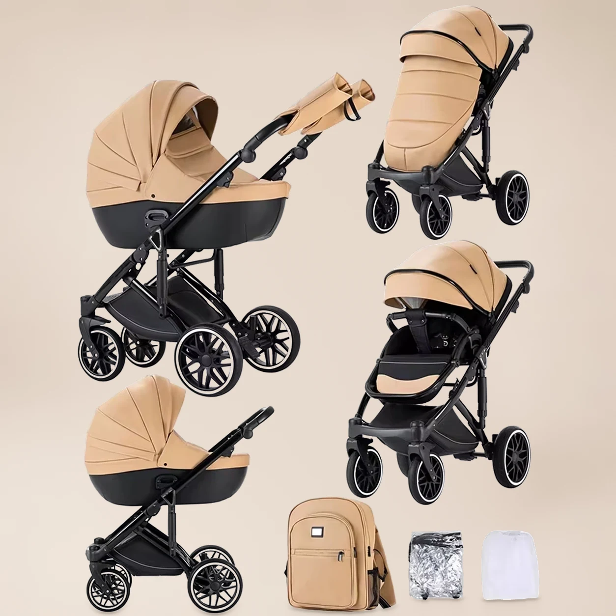 Kinderwagen 3-in-1 Omkeerbaar - Combi Kinderwagen met Autostoel, Reiswieg en Regenhoes 4