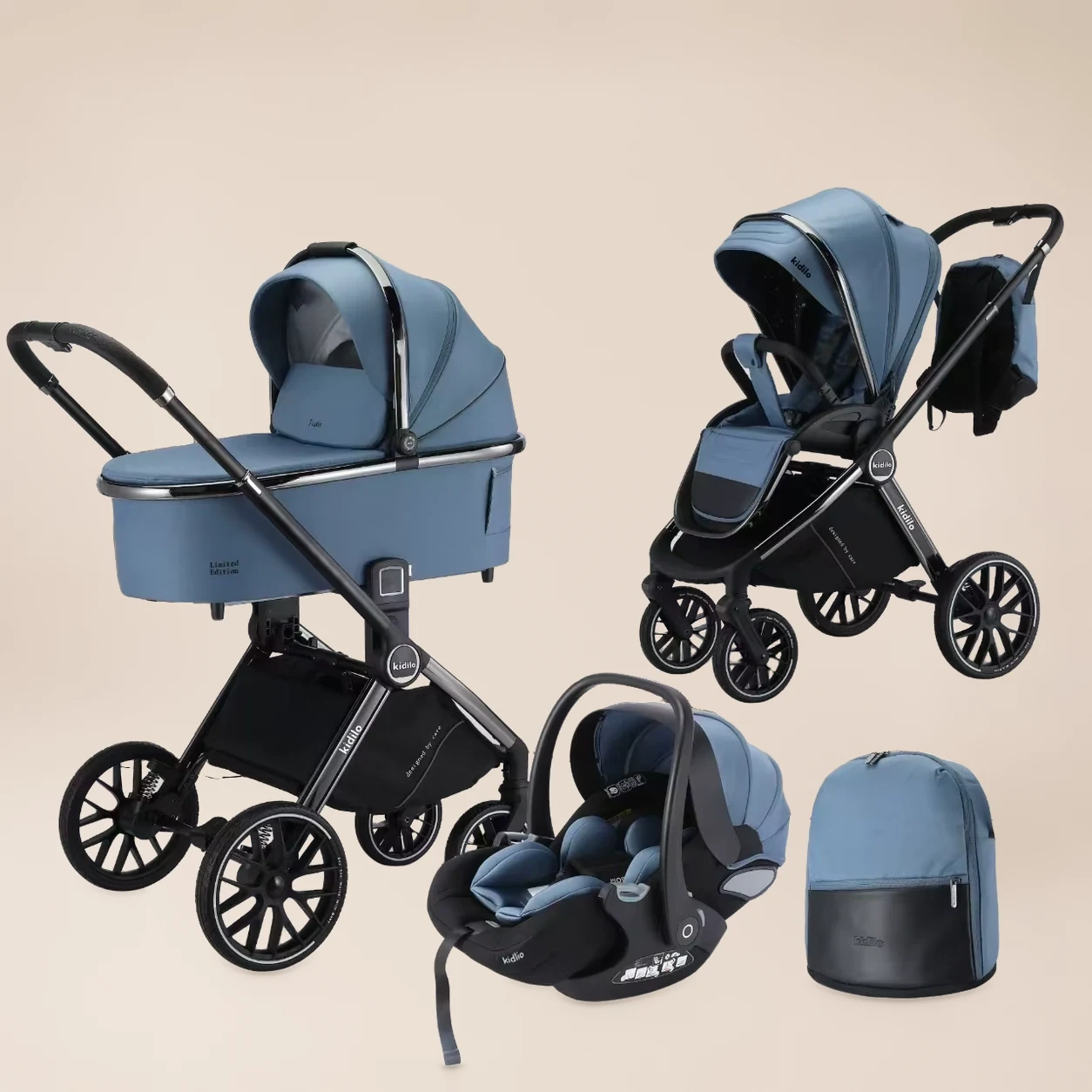 Kinderwagen 3-in-1 Compleet - Combi Kinderwagen met Autostoel, Reiswieg en Luiertas 3