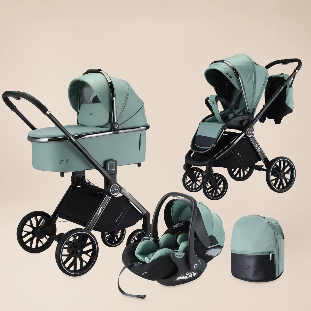 Kinderwagen 3-in-1 Compleet - Combi Kinderwagen met Autostoel, Reiswieg en Luiertas