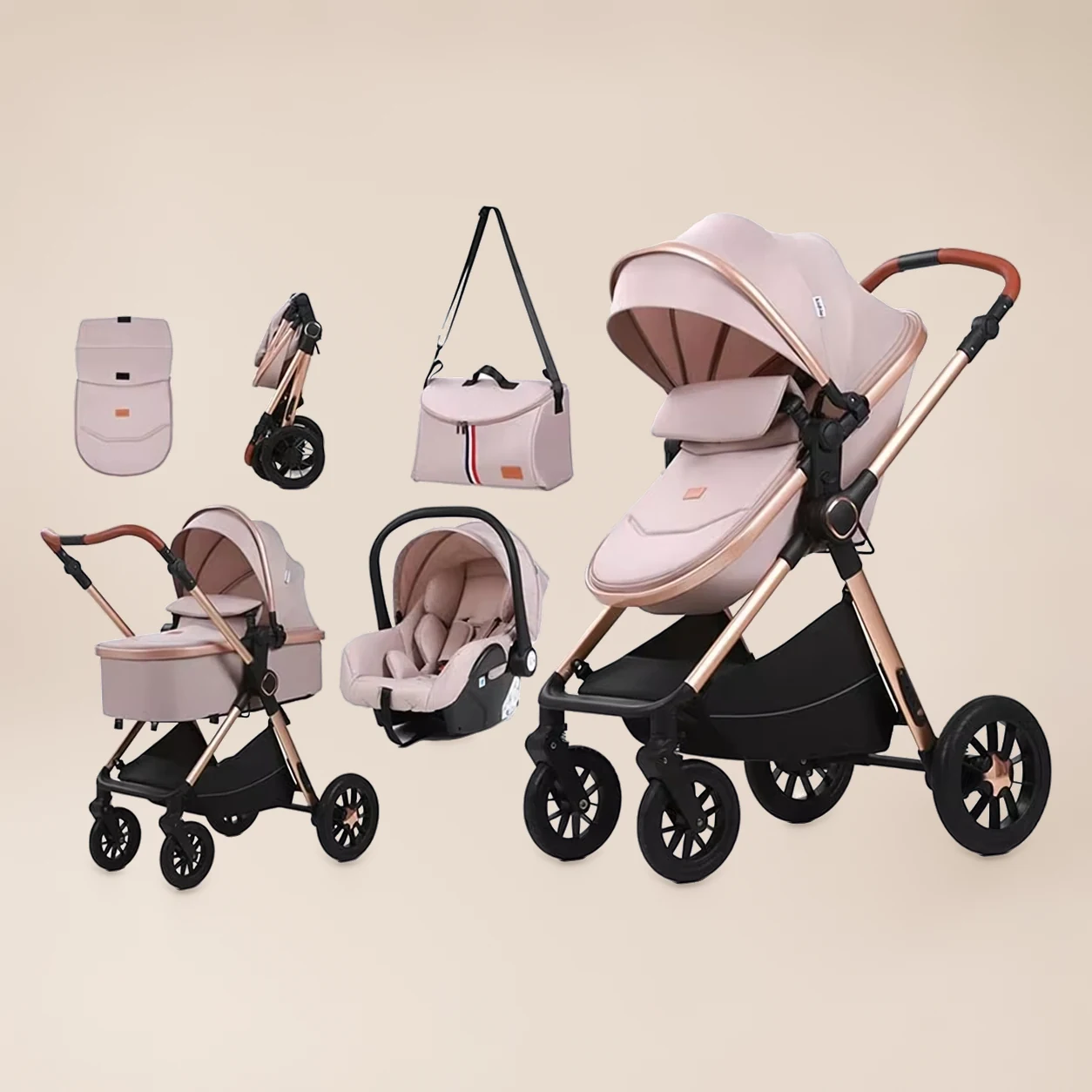 Kinderwagen 3-in-1 Compact - Combi Kinderwagen met Autostoel, Reiswieg en Luiertas