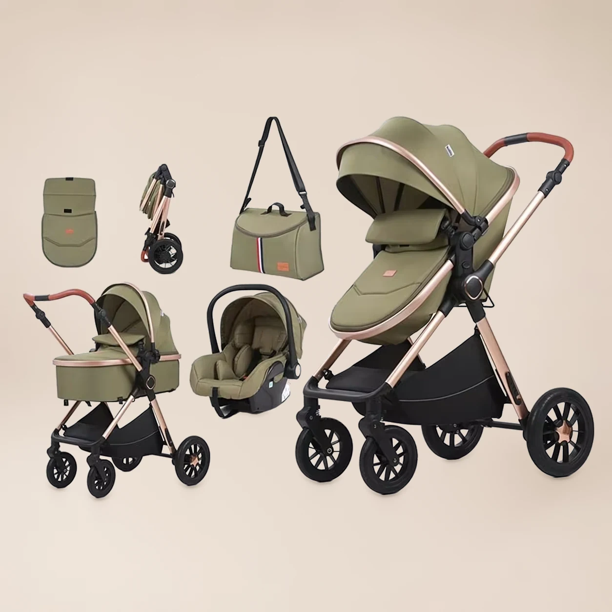 Kinderwagen 3-in-1 Compact - Combi Kinderwagen met Autostoel, Reiswieg en Luiertas 3