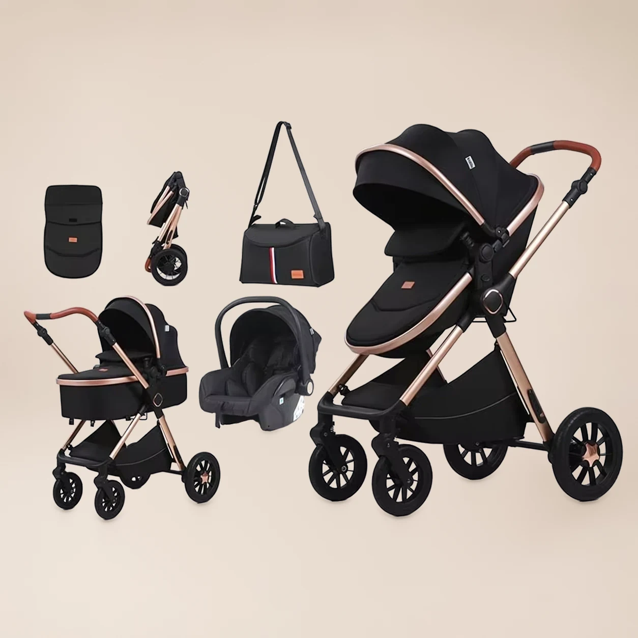 Kinderwagen 3-in-1 Compact - Combi Kinderwagen met Autostoel, Reiswieg en Luiertas - afbeelding 1