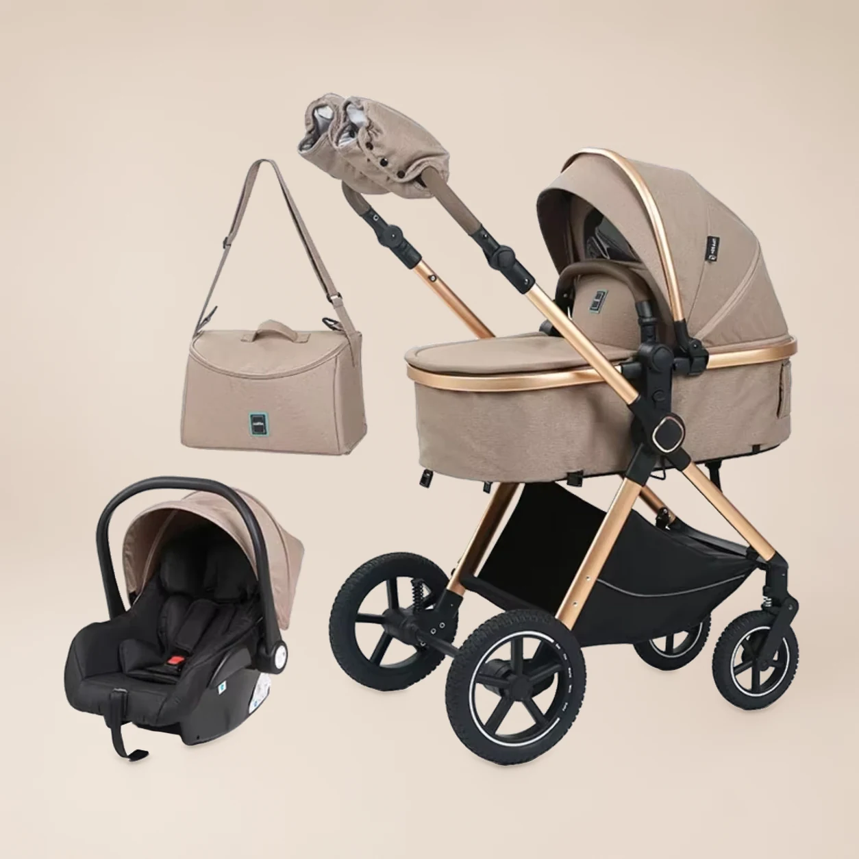 Kinderwagen 3-in-1 Hoge Zit - Combi Kinderwagen met Autostoel, Reiswieg en Schoudertas 3