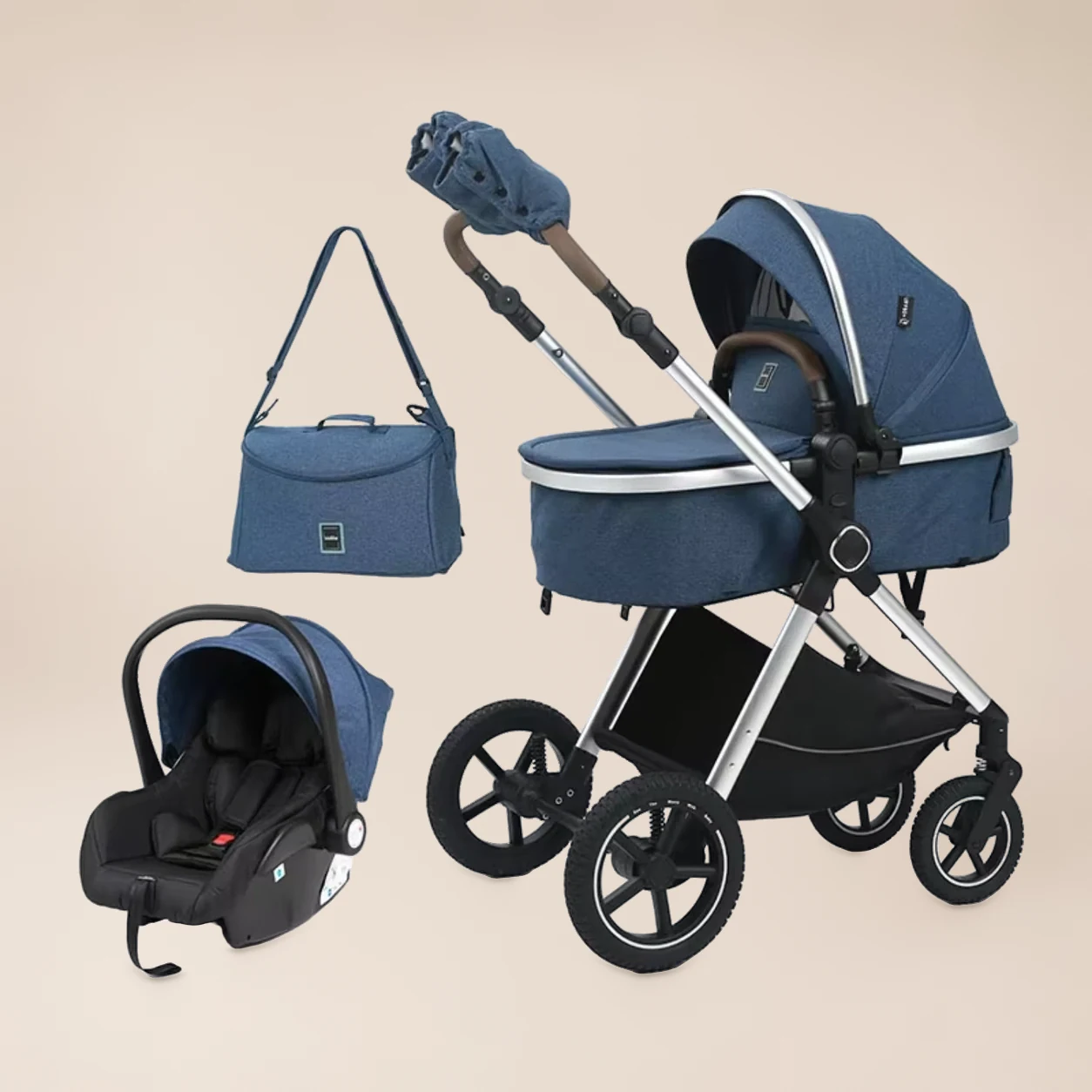 Kinderwagen 3-in-1 Hoge Zit - Combi Kinderwagen met Autostoel, Reiswieg en Schoudertas 6
