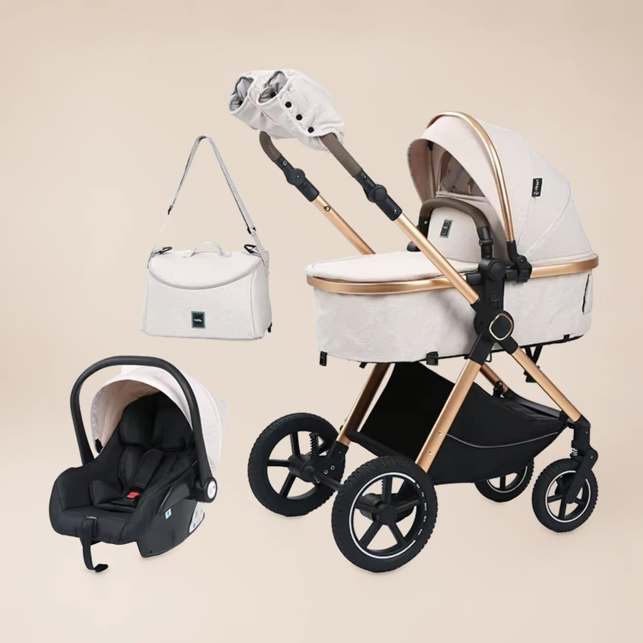 Kinderwagen 3-in-1 Hoge Zit - Combi Kinderwagen met Autostoel, Reiswieg en Schoudertas 4