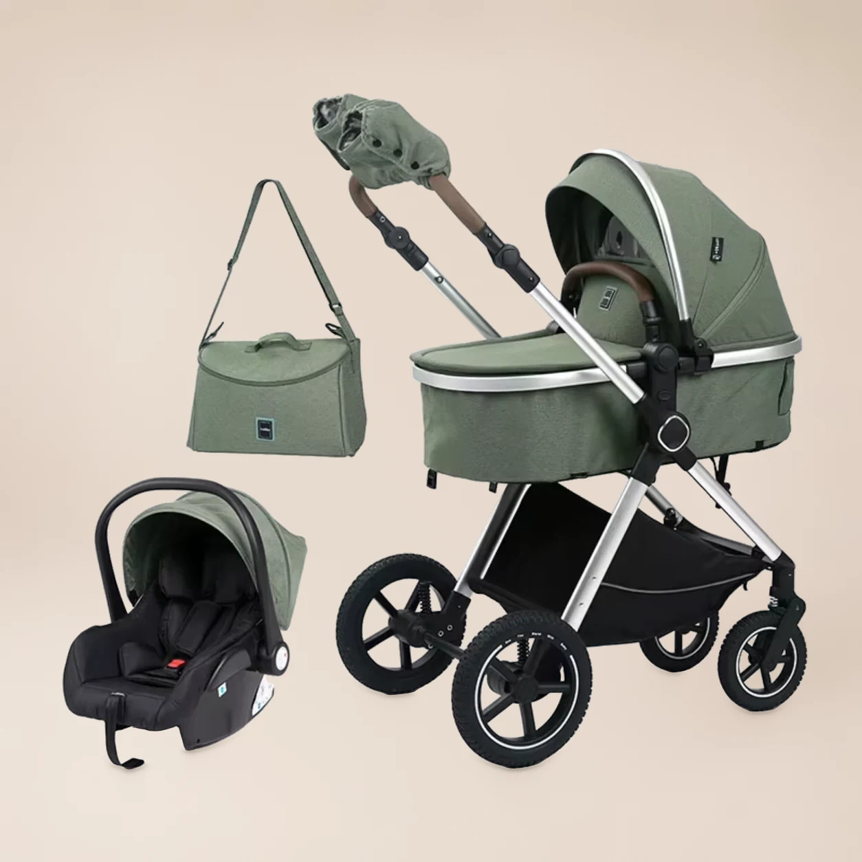 Kinderwagen 3-in-1 Hoge Zit - Combi Kinderwagen met Autostoel, Reiswieg en Schoudertas 7
