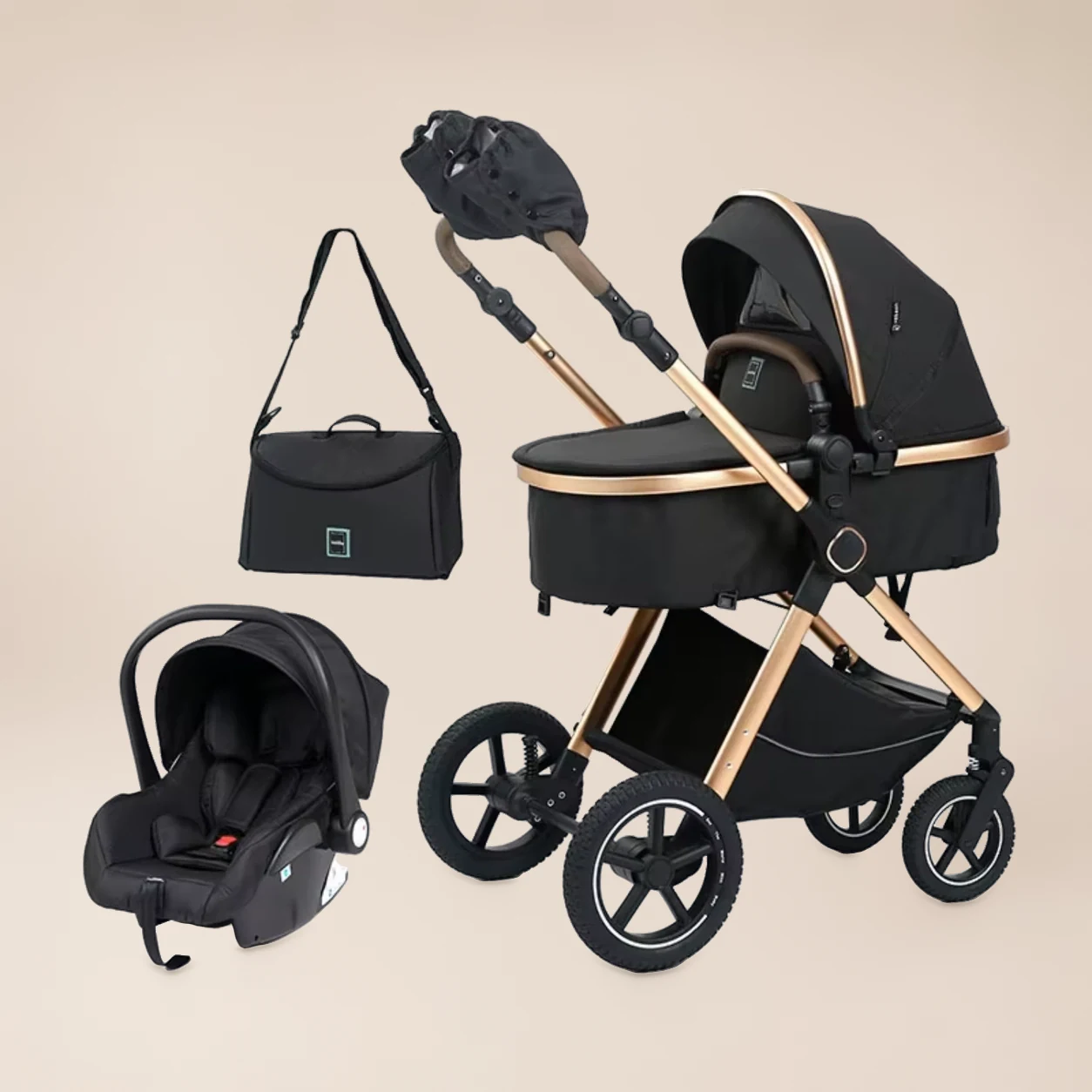 Kinderwagen 3-in-1 Hoge Zit - Combi Kinderwagen met Autostoel, Reiswieg en Schoudertas