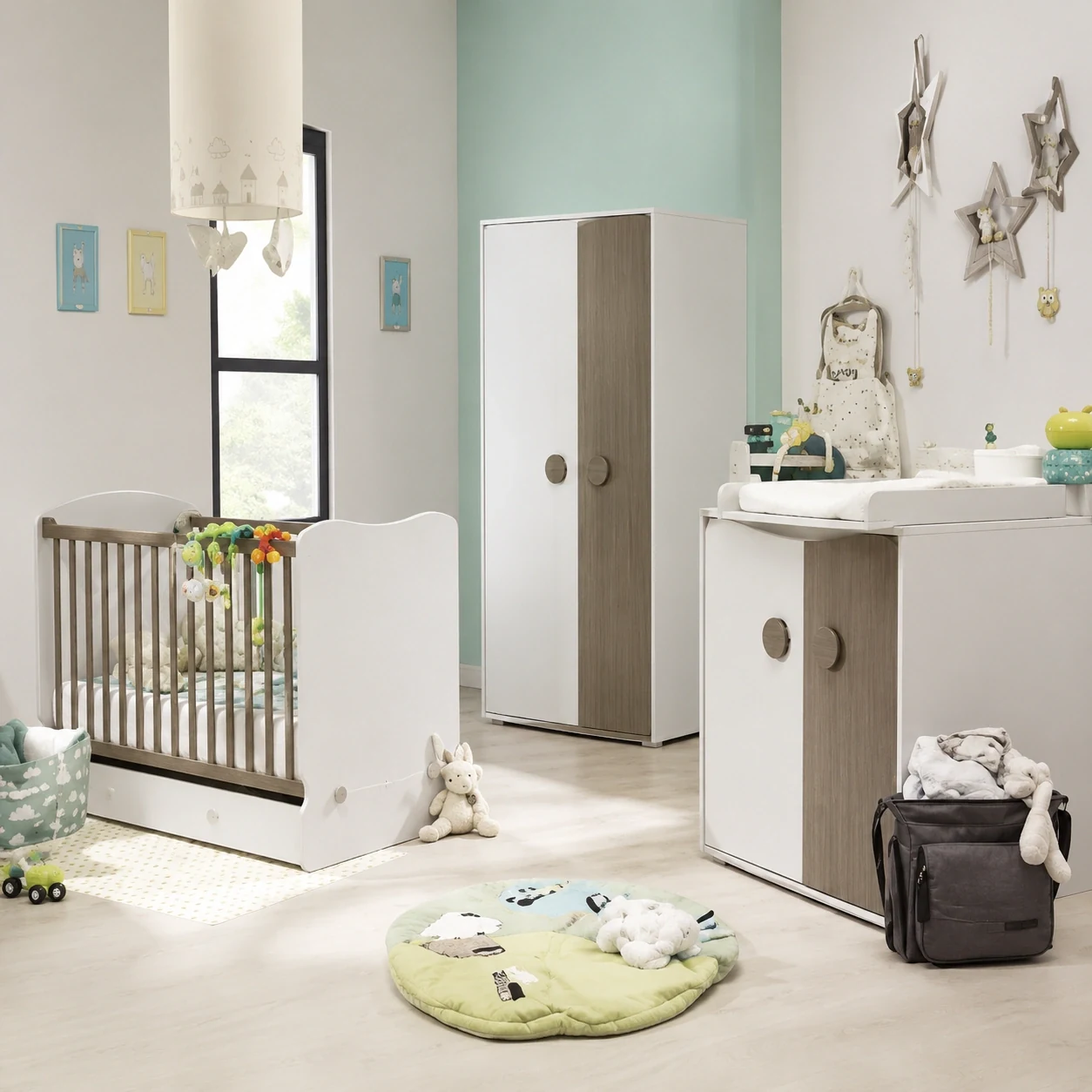 Complete Babykamer Wit met Grijs Eiken - Ledikant, Kast en Commode - afbeelding 1
